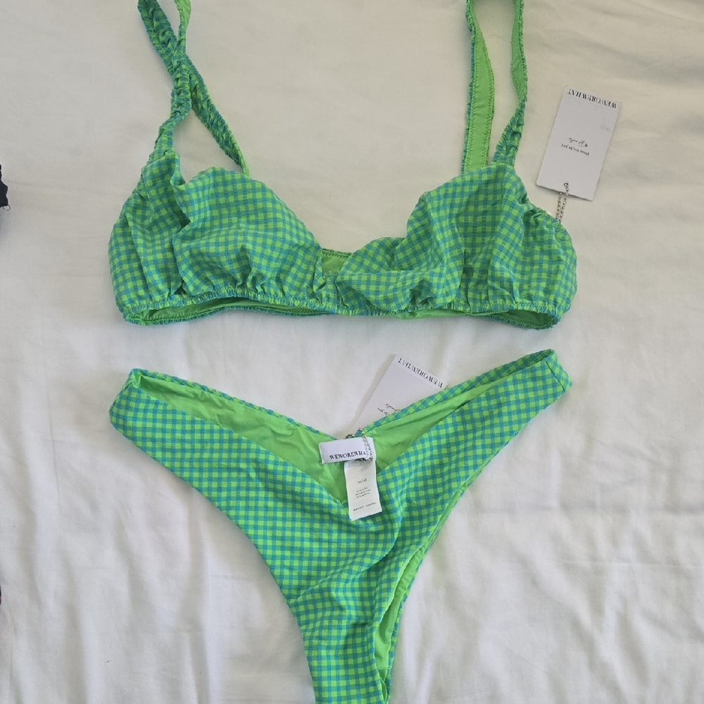 WeWoreWhat Neon Lime and Aqua Gingham Bikini Bottom